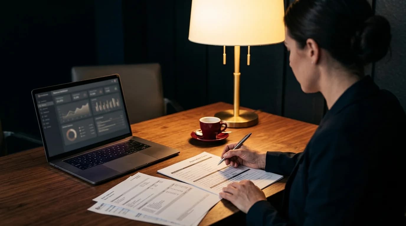 A business owner reviewing a one-page funding application at her desk